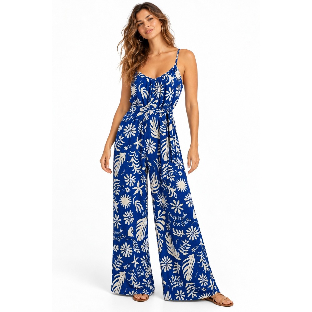 H&M Womens Blue White Floral Inspired by the Sea Tie-Belt Jumpsuit Large NEW